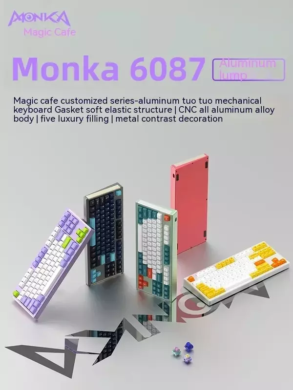 Monka 6087 Keyboard mekanis Aluminium Aloi, RGB dinamis, aksesori Gamer Gasket pertukaran panas Delay rendah 87 kunci Pc