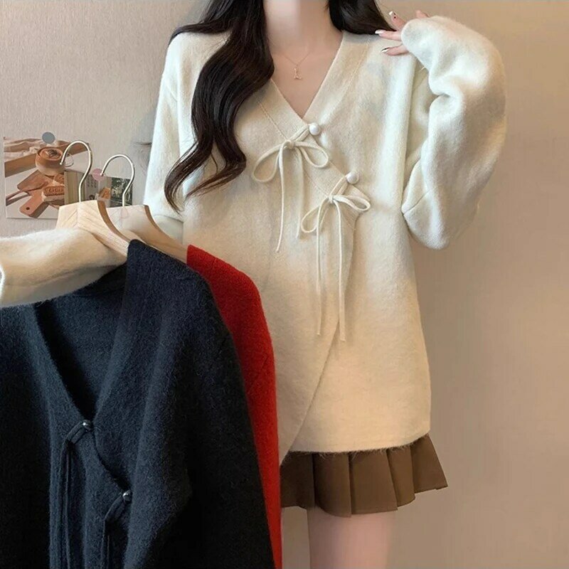 Vintage V-Neck Cashmere Coat Women Spring New Long Sleeve Loose Sweater Top Lady Slim Y2K Chinese Style Knitt Cardigan Clothing