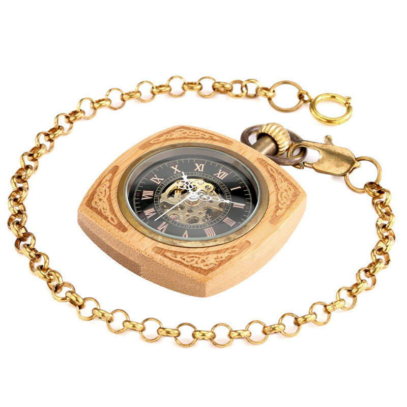 Reloj de bolsillo de madera antigua para hombre y mujer, cronógrafo mecánico automático con esqueleto de bambú, cadena colgante coleccionable