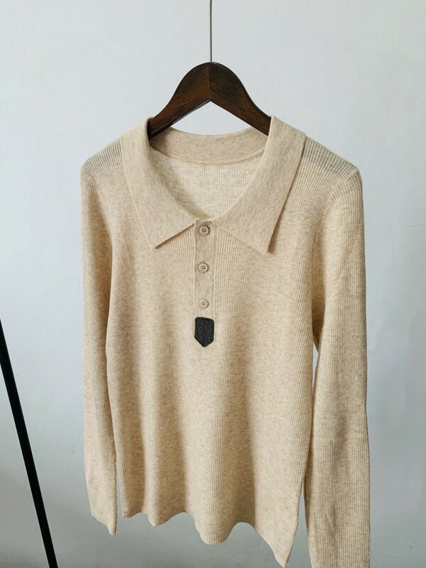 Jersey de lana con cadena de cuentas para mujer, suéter de manga larga ajustado elástico con cuello tipo POLO, Jersey de punto para Otoño e Invierno