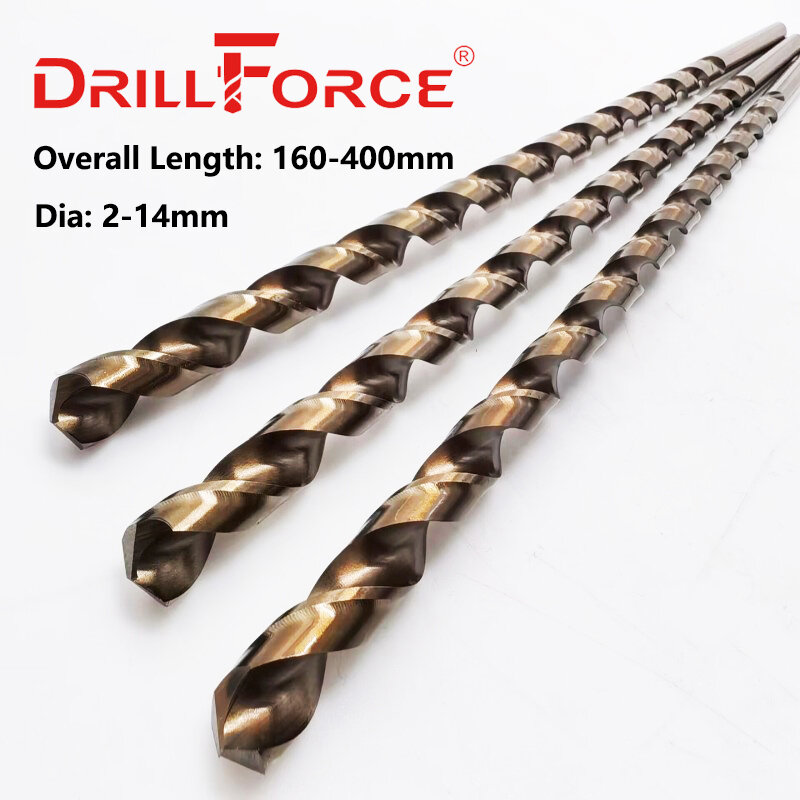 Brocas de torção longa Drillforce para aço inoxidável, ligas de aço e ferro fundido, 2-14mm, HSSCO 5%, M35 Cobalto, 160-400mm, 1Pc