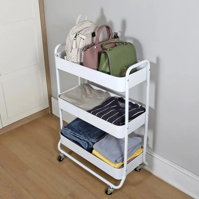 Wide 3 Tier Metal Utility Cart, White, Metal Laundry Baskets, Adult and Child