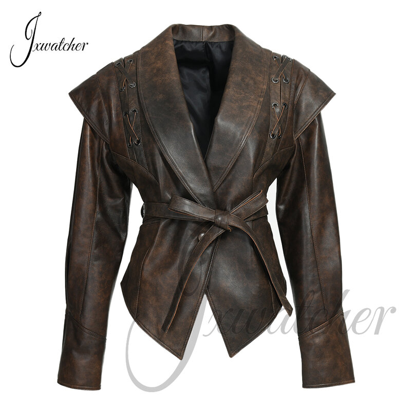 Jxwatcher-jaqueta de couro com cinto para mulheres, casaco de pele de carneiro fino para senhoras, elegante e nova chegada, outono e primavera