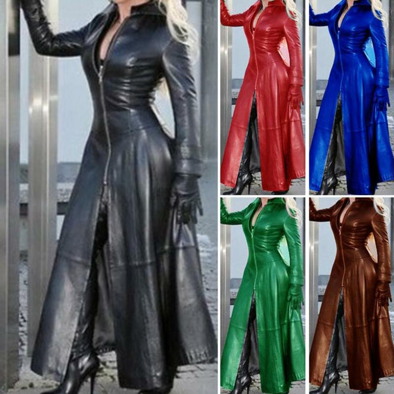 Autumn Jacket Smooth Surface Faux Leather Maxi Length Ankle Length Tight Waist Autumn Jacket   Lady Autumn Coat  for Shopping