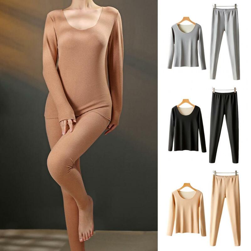 Setelan pakaian Dalaman wanita, 2 Pcs/Set atasan celana tanpa kelim tebal hangat termal leher bulat pinggang elastis lengan panjang