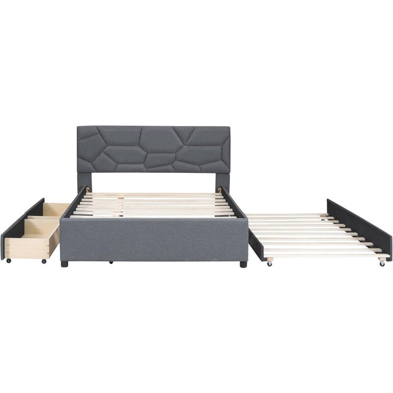 Bedframe, padded platform bed, with brick patterned headboard and wooden support, bedroom bed frame