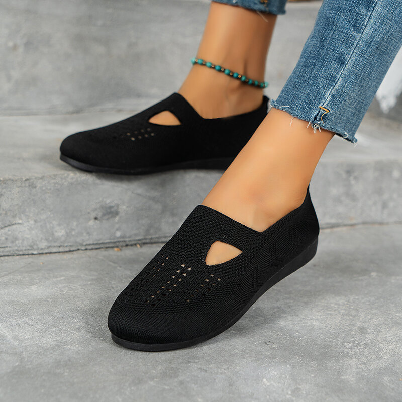 2024 Spring New Women's Flat Shoes Fashion Round Toe Mesh Knitted Breathable Mom Shoes Casual Vacation Slip-on Mujer Zapatos
