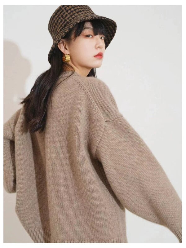 Pullover da donna inverno 100% maglione di lana Casual tinta unita maglieria abbigliamento donna girocollo top addensato camicetta allentata