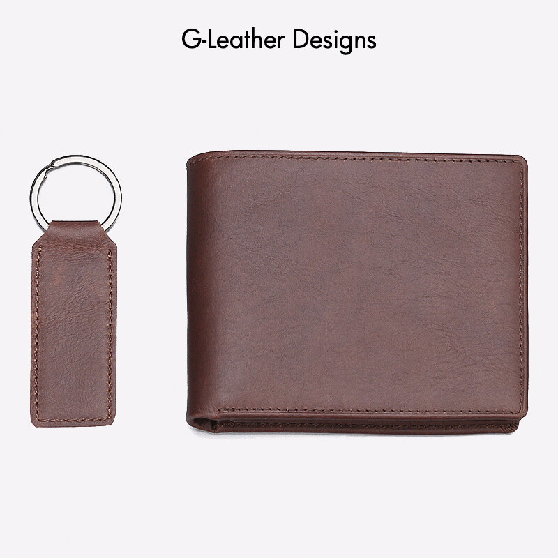 Mens Genuine Cow Leather Bifold Wallet With ID Window Matching Keychain Gift Box Sets