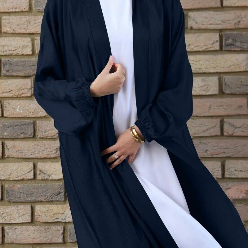 Gaun Abaya Muslim Ramadhan Gaun Wanita Modis Lengan Serut Abaya Femme Kardigan Kasual dengan Sabuk untuk Dubai Maroko