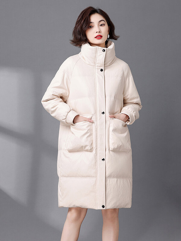 Nieuwe vrouwen winter casual schapenvacht donzen jas Mode Warme Staande Kraag Los Lang Leer Witte Eend Dons Bovenkleding Splitleer
