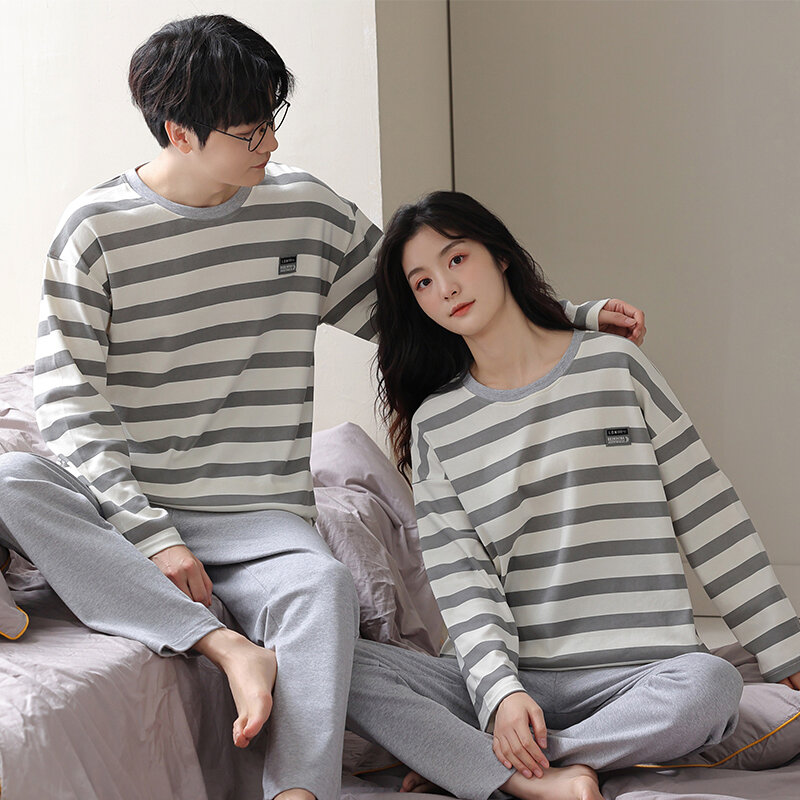 M-3XL Spring and Autumn All Cotton Pajamas Round Neck Pullover Striped Casual Men's and Women's Home Clothing Set
