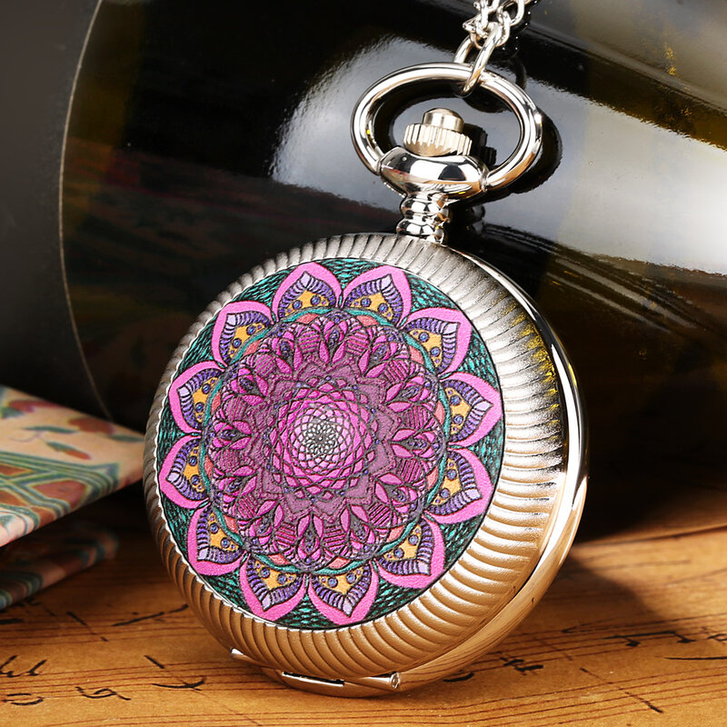 Новинка 2023 г., женские кварцевые часы с большим карманным циферблатом и поворотом на удачу, Серебряная оболочка, фиолетовый цветок, тонкая цепочка, драгоценный подарок