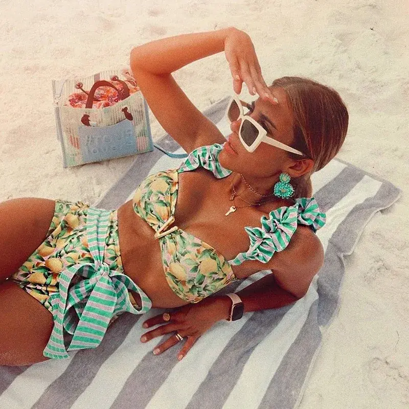 Conjunto de Bikini con estampado Floral para mujer, traje de baño de dos piezas con sujetador acolchado con volantes, ropa de playa, 2024, 2024