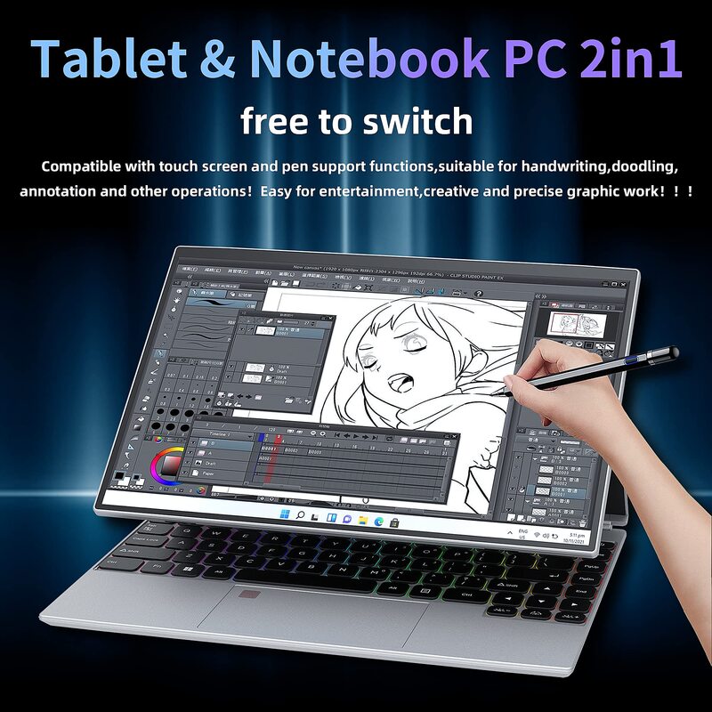 CRELANDER 4 in 1 Laptop 14 pollici Touch Screen Celeron N5105 16GB Ram Windows 11 Tablet PC Notebook Computer per studenti aziendali