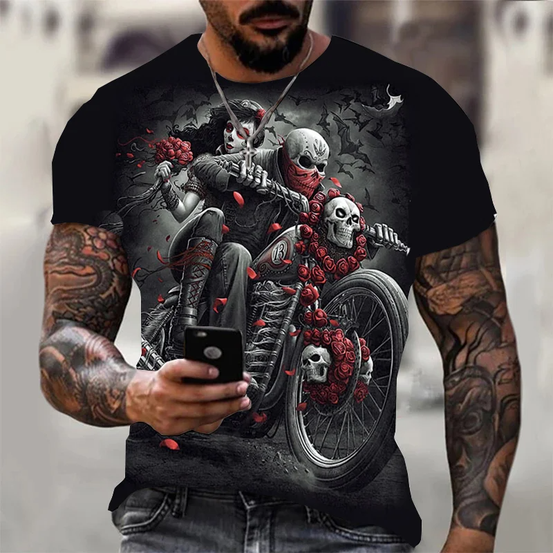 T-Shirt Vintage untuk pria, pakaian atasan lengan pendek gambar tengkorak pengendara sepeda motor 3D kasual musim panas