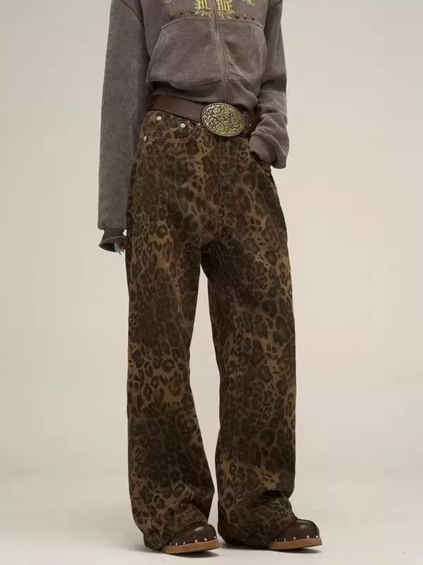 Houtan กางเกงยีนส์กางเกงยีนส์ลายเสือดาวสำหรับผู้หญิงกางเกงขากว้างโอเวอร์ไซส์เสื้อผ้าวินเทจฮิปฮอปทรงหลวมสบาย