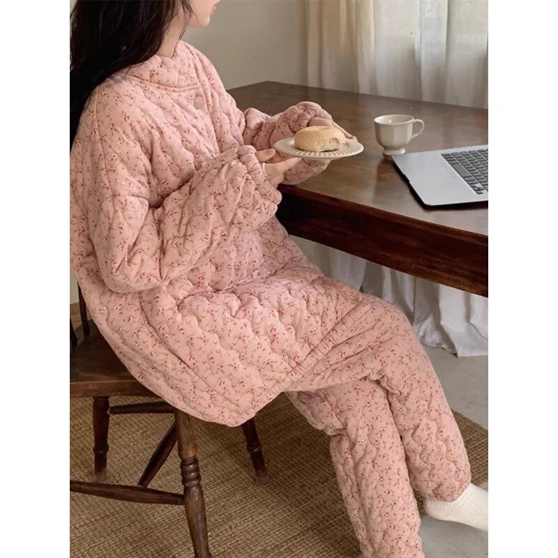 Pijamas de algodón de tres capas para mujer, gruesa con estampado Floral ropa de dormir, ropa de casa cálida con cordón, otoño e invierno, 2024