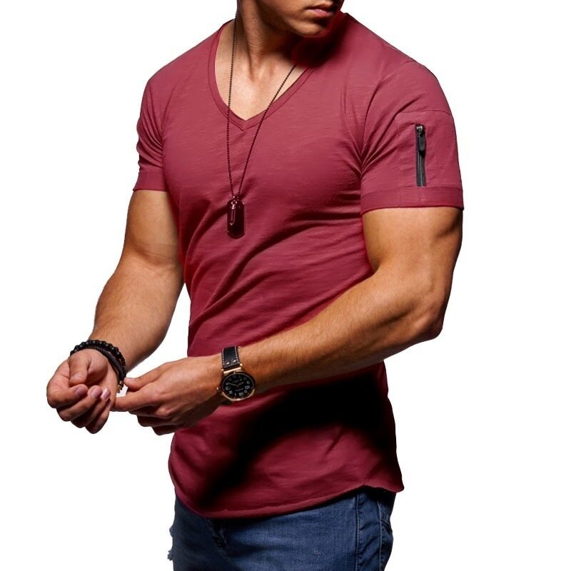 New Summer Men's V Neck T Shirt Fitness Bodybuilding Tshirt High Street Short Sleeved Zipper Casual Cotton Top Plus Size S-5XL
