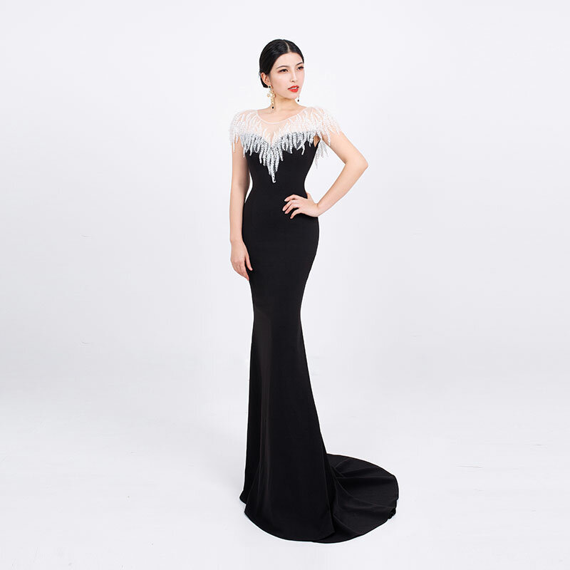 Женское вечернее платье Bai Sha, черное облегающее платье с бусинами, лето 929