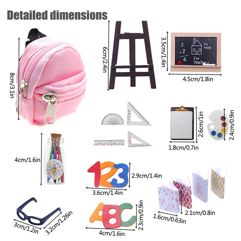 1Set 1:6 Dollhouse Miniature School Stationery Supplies Ruler Schoolbag Pencil Blackboard Holder Glasses Model Decor Toy