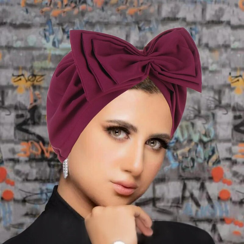 Muslim Solid Color Women's Big Bowknot Stretch Hijab Turban Hat Headscarf Headwear Cap Head Wrap Chemo Beanies Hair Accessories