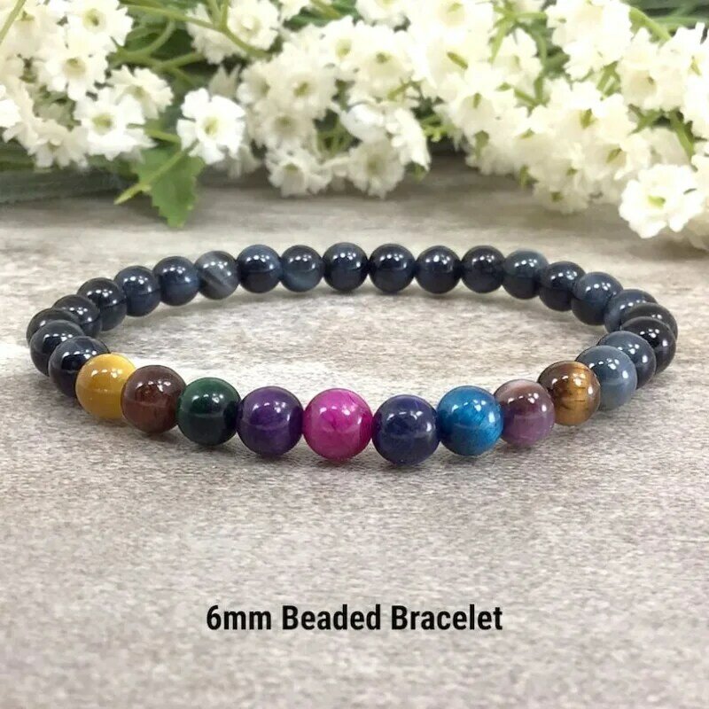 Multicolor Tigers Eye Bracelet, Stretchy String Bracelet, Anxiety Relief Healing Protection Balancing Bracelet 4mm 6mm 8mm 10mm