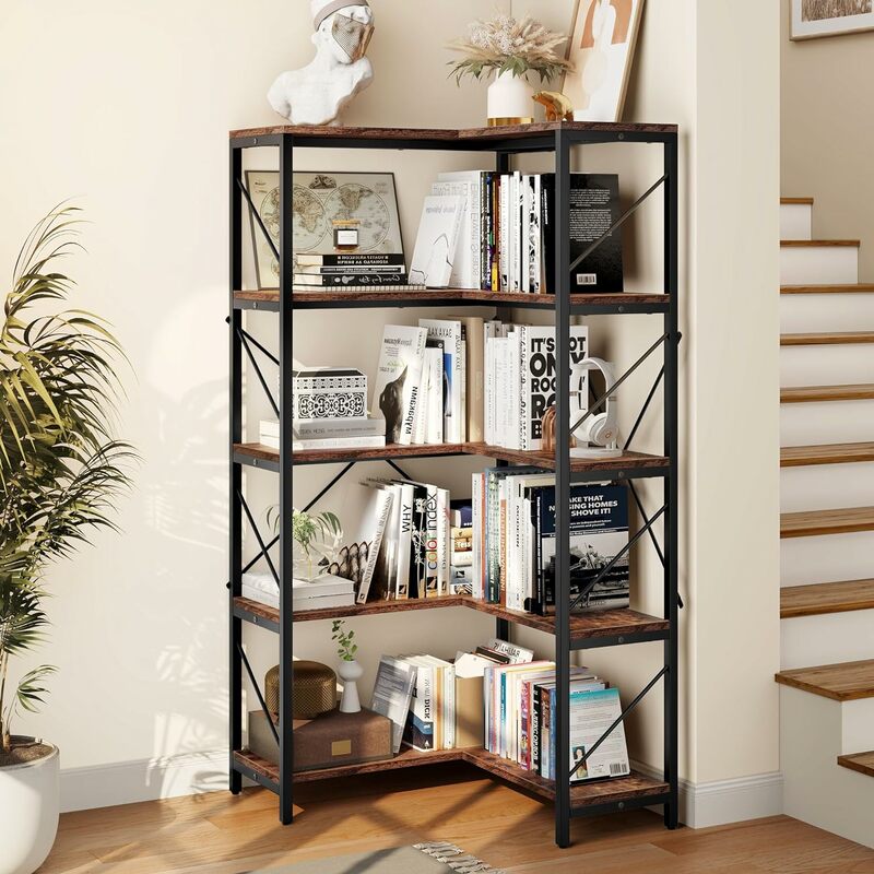 Corner Bookshelf, Industrial Corner Shelf 5 Tier Bookcase, Large Display Rack Storage for Bedroom, Living Room, Home Office
