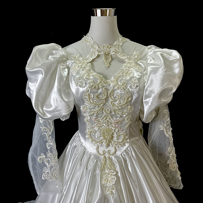 Винтажное Белое Атласное кружевное платье AnXin SH с цветочным кружевом, круглым вырезом, бисером, жемчугом, иллюзией, длинным пышным рукавом, шнуровкой, большим бантом, антикварное свадебное платье LZ