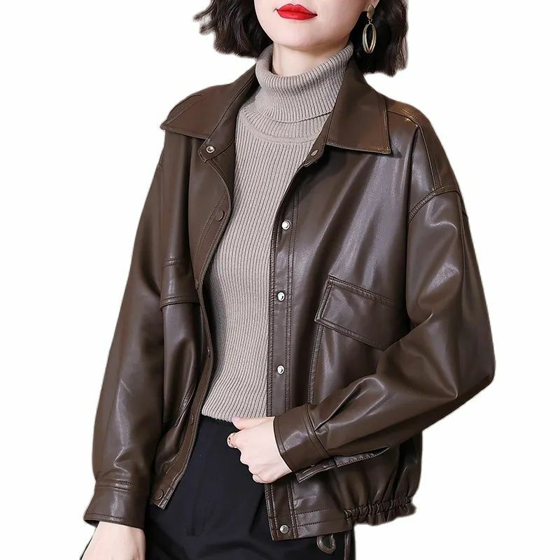 High-end Women's Leather Jacket 2024 Spring Autumn New Chic Short Motorcycle Cycling PU Leather Coat Outerwear Female Tops 4XL