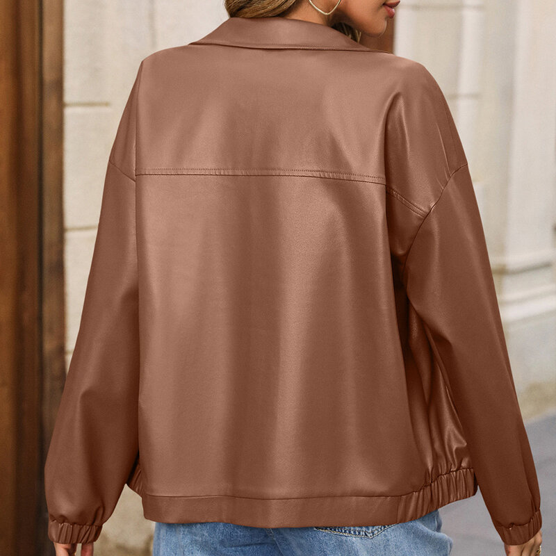 Abrigo de motocicleta de cuero PU liso para mujer, chaqueta informal de manga larga con cremallera, cuello vuelto, estilo americano, Primavera