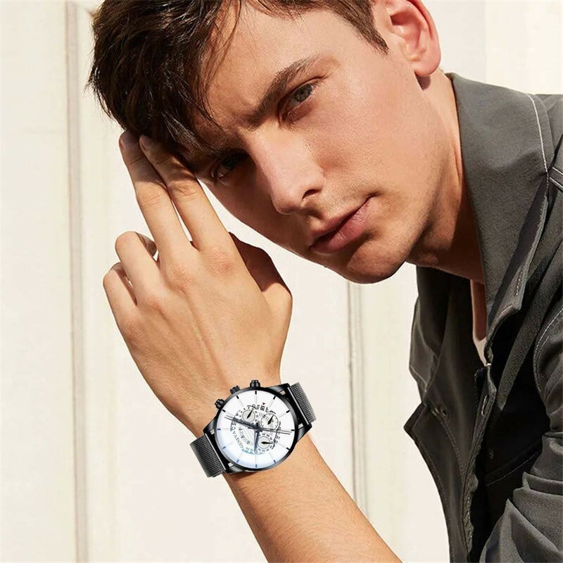 Relógios de Calendário de Negócios de Luxo Masculino, Aço Inoxidável, Mesh Belt, Quartz Watch, Novo, 2022