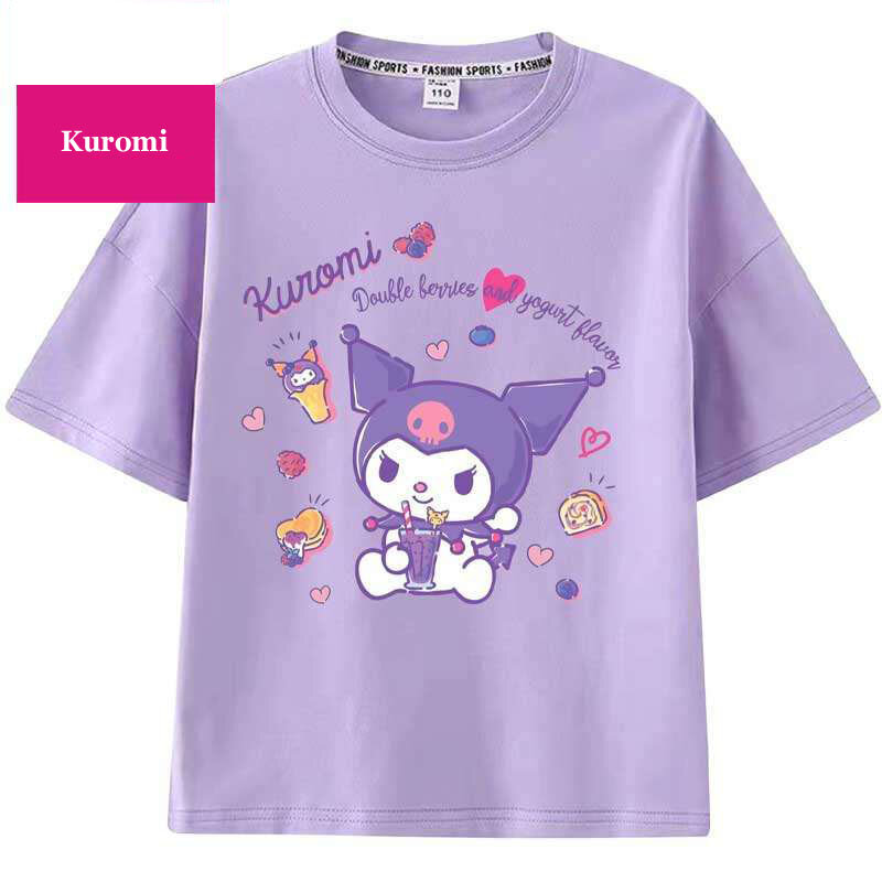 Anime Sanrios Short Sleeve Melody Kuromi Kids Cotton T-Shirt Cartoon Print Short Sleeve Fashion Casual Tops Summer Kids Clothes