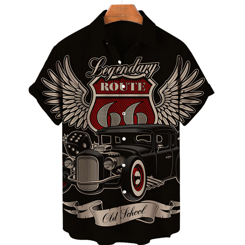 Hawaii neue Herren hemd Route 66 Street Classic 3D gedruckt Kurzarm T-Shirt Rockmusik Revers plus Größe Mann Top Vintage Kleidung