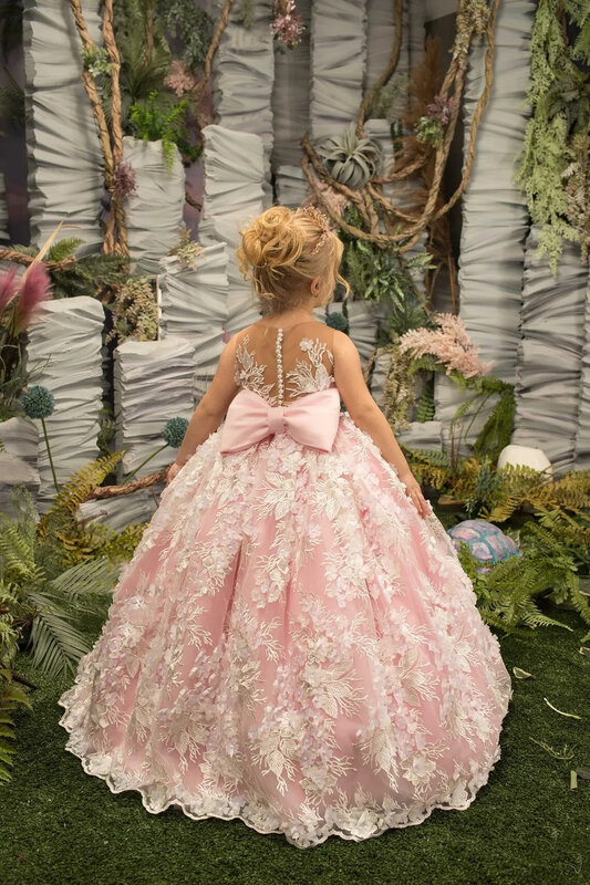 Gorgeous Pink Tulle Fluffy Appliques Pearls Flower Girl Dress For Wedding With Bow Birthday Pageant Dress Floral Prom Ball Gowns
