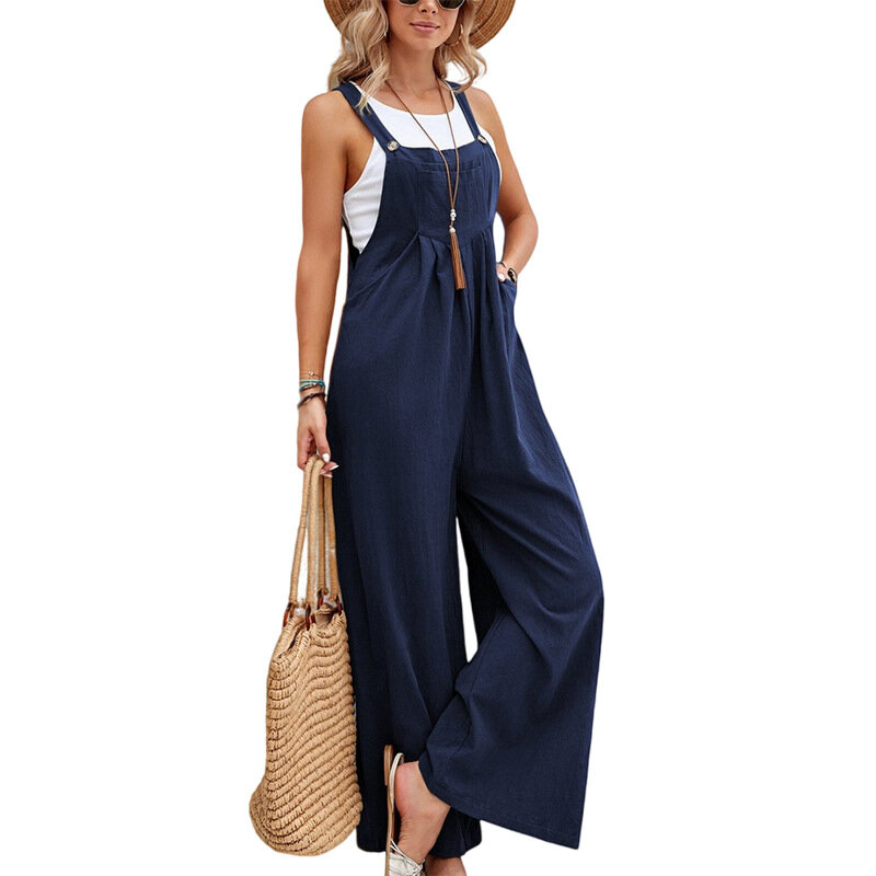 Cotton Linen Jumpsuits Woman Casual Loose Straps Wide Leg Pants Fashion Sleeveless Oversized Jumpsuits Plus