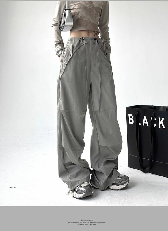 Pantalones Cargo con cordón para mujer, Pantalón recto de cintura alta con bolsillo, holgado, pierna ancha