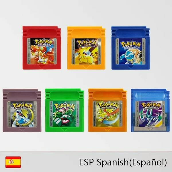 Cartouche de jeu vidéo 16 bits série Pokémon GBC, carte de console, rouge, jaune, bleu, vert, cristal, doré, argent, langue espagnole