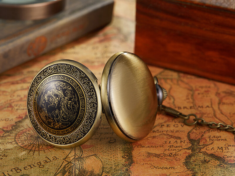 Reloj de bolsillo de cuarzo con dragón antiguo para hombre y mujer, colgante Vintage de lujo grabado, cadena Fob, Steampunk