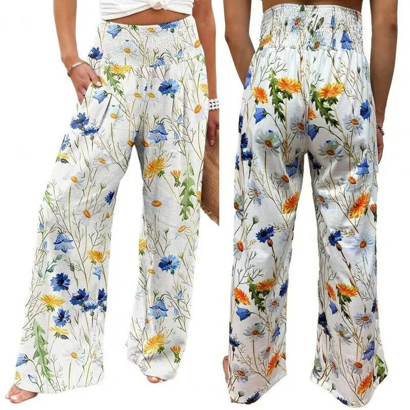 Pantalones de pierna ancha de cintura elástica con estampado de hojas de flores para mujer, pantalones de pierna ancha de cintura alta elástica con bolsillos, elegantes para verano