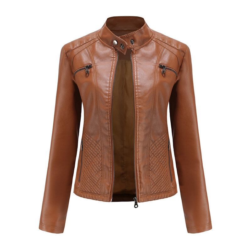 Jaqueta de couro PU para motociclista feminina, gola analógica, casaco com zíper, tendência simples na moda outono e inverno