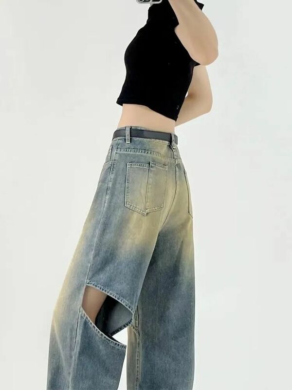 Retro Distressed Contrasting Color Trendy Women's Summer New High Waisted Loose Slimming Straight Leg Versatile Wide Leg Jeans