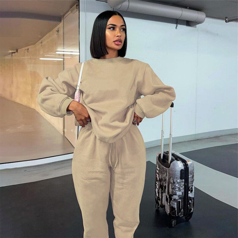 Fashion Women's Suit Long Sleeve Crewneck Top And Casual Broad Trouser Outfits Solid Color Autumn Ladies Two-Piece Set
