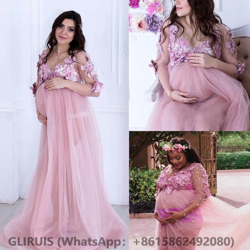 Pink Empire Prom Dresses V Neck Long Maternity Evening Dresses 3D Flower Long Sleeves Evening Gowns Prom Gowns