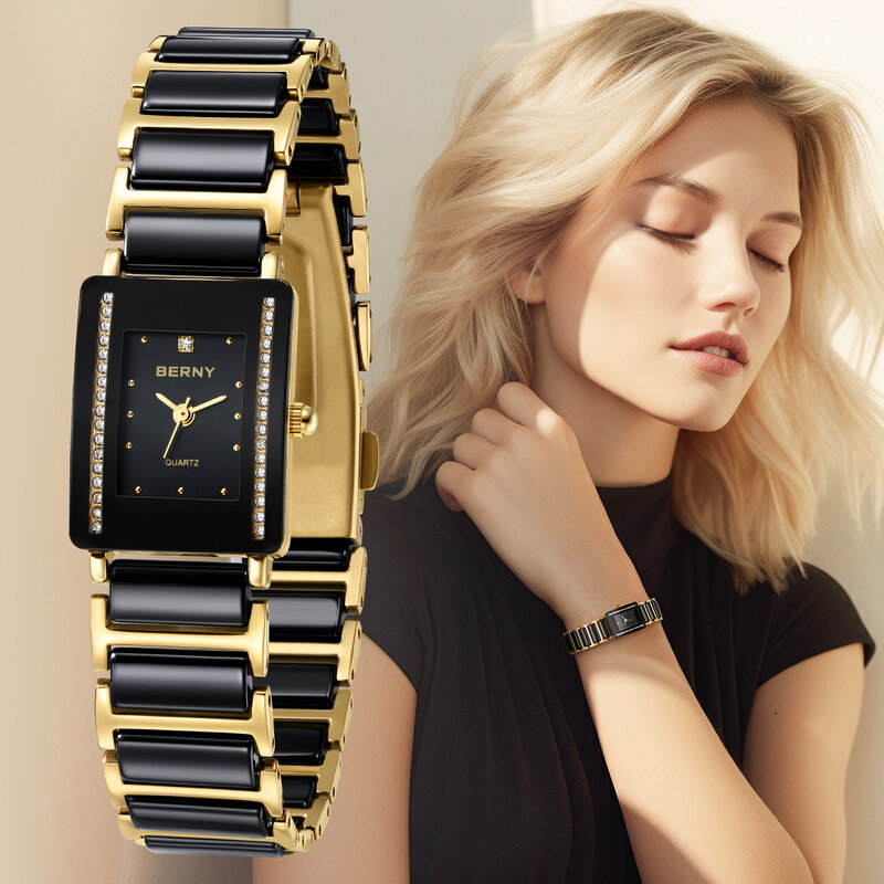 BERNY Ceramic Quartz Watch for MEN/Women Luxury Stainless Steel Rectangle Wristwatch Waterproof Calendar Golden Couple Watches