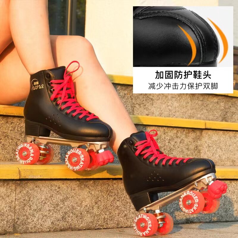 Double Row Roller Skates For Men and Women Microfiber Leather Four-Wheel Sliding Inline Quad Skating Sneakers Training 