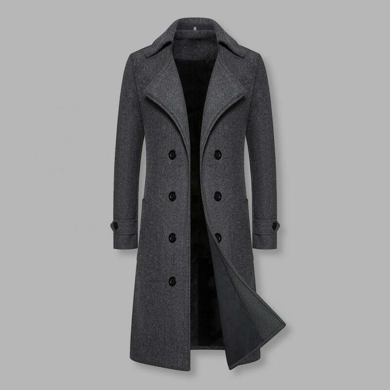 Winter Long Coat Double-breasted Men's Overcoat Slim Fit Mid Length Long Sleeve Thick Windproof Warm Solid Color Cardigan