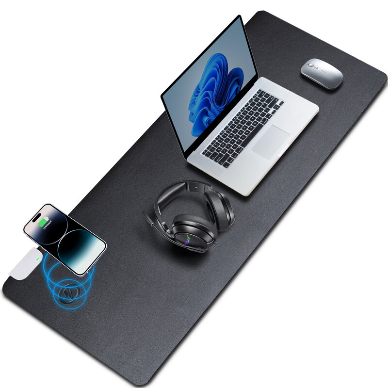 Kingfom-alfombrilla de ratón para Gamer, cargador inalámbrico para teléfono inteligente XXL, alfombrilla de escritorio grande para iPhone/Xiaomi, Protector de escritorio de cuero PU