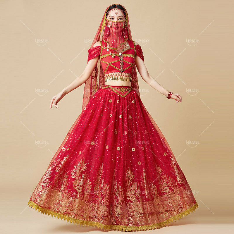 ชุดเต้นหน้าท้องของผู้หญิงเสื้อผ้าฮาโลวีนแบบอินเดียเสื้อผ้าบอลลีวูด