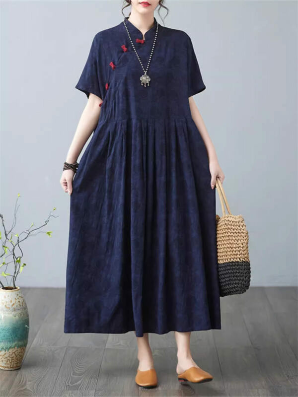 2024 Sommer neue Retro chinesischen Stil High-End-Jacquard-Kleid Kurzarm Platte Schnalle lose und schlanke lange Kleid für Frauen k768